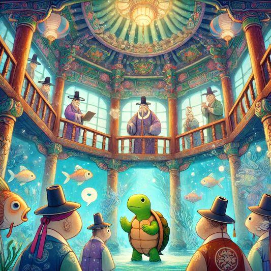 용왕의 병을 치료할 방법을 찾기 위해 고민하고 있는 자라와 신하들
비올렛의 숲 https://forest-of-violet.co.kr