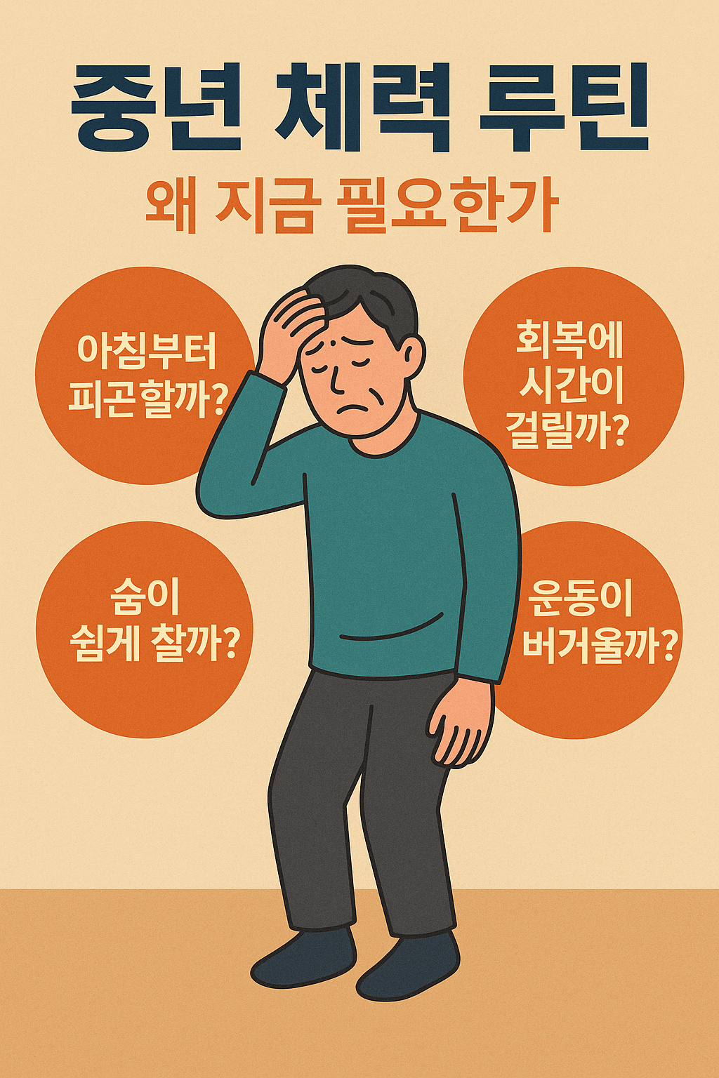 중년 남성과 여성이 하루 일과를 마친 후 피로를 느끼는 장면과 함께 체력 루틴 전략을 설명하는 인포그래픽 스타일 일러스트