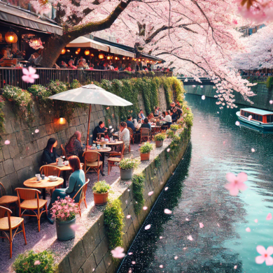 벚꽃 잎이 날리는 강가 옆에서 차를 마시며 휴식을 취하는 사람들이 있는 사진