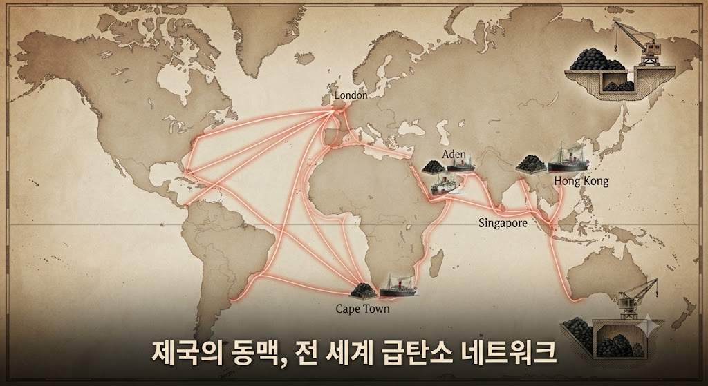 대형 세계 지도 위에 런던을 중심으로 붉은색 증기선 항로가 거미줄처럼 뻗어 나갑니다. 주요 거점 항구(지중해, 아덴, 봄베이, 싱가포르 등)에는 석탄 더미가 쌓여 있고, 영국 해군 급탄선이 정박해 연료를 보급하는 모습이 인포그래픽과 실사 혼합 스타일로 표현되었습니다. '제국은 급탄소가 닿는 거리만큼이다'라는 개념을 직관적으로 보여줍니다.