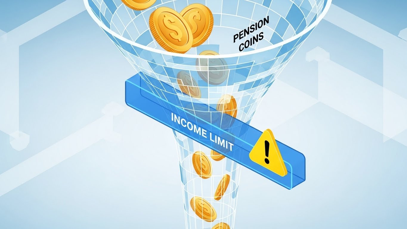 일정 금액 이상의 소득 발생 시 연금액이 감액되는 원리를 디지털 필터링 시스템으로 표현한 교육용 그래픽