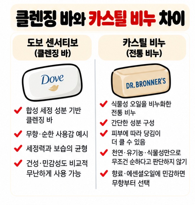 도브 센서티브 스킨 뷰티바와 무향 카스틸 비누는 세정 방식과 사용감이 다르며 천연이라는 이유만으로 항상 순한 것은 아니라는 카드