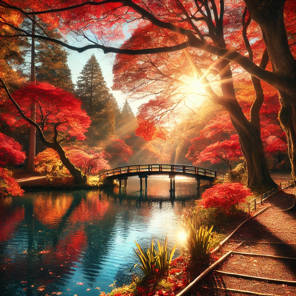 햇살이 비추는 붉고 노란 단풍이 물든 나무들이 있는 가을 풍경