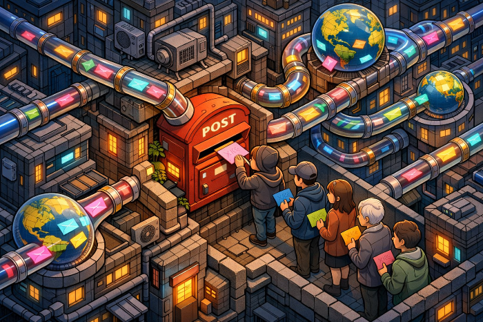 암호 편지를 넣는 비밀 우체통과 뻗어 나가는 파이프라인.