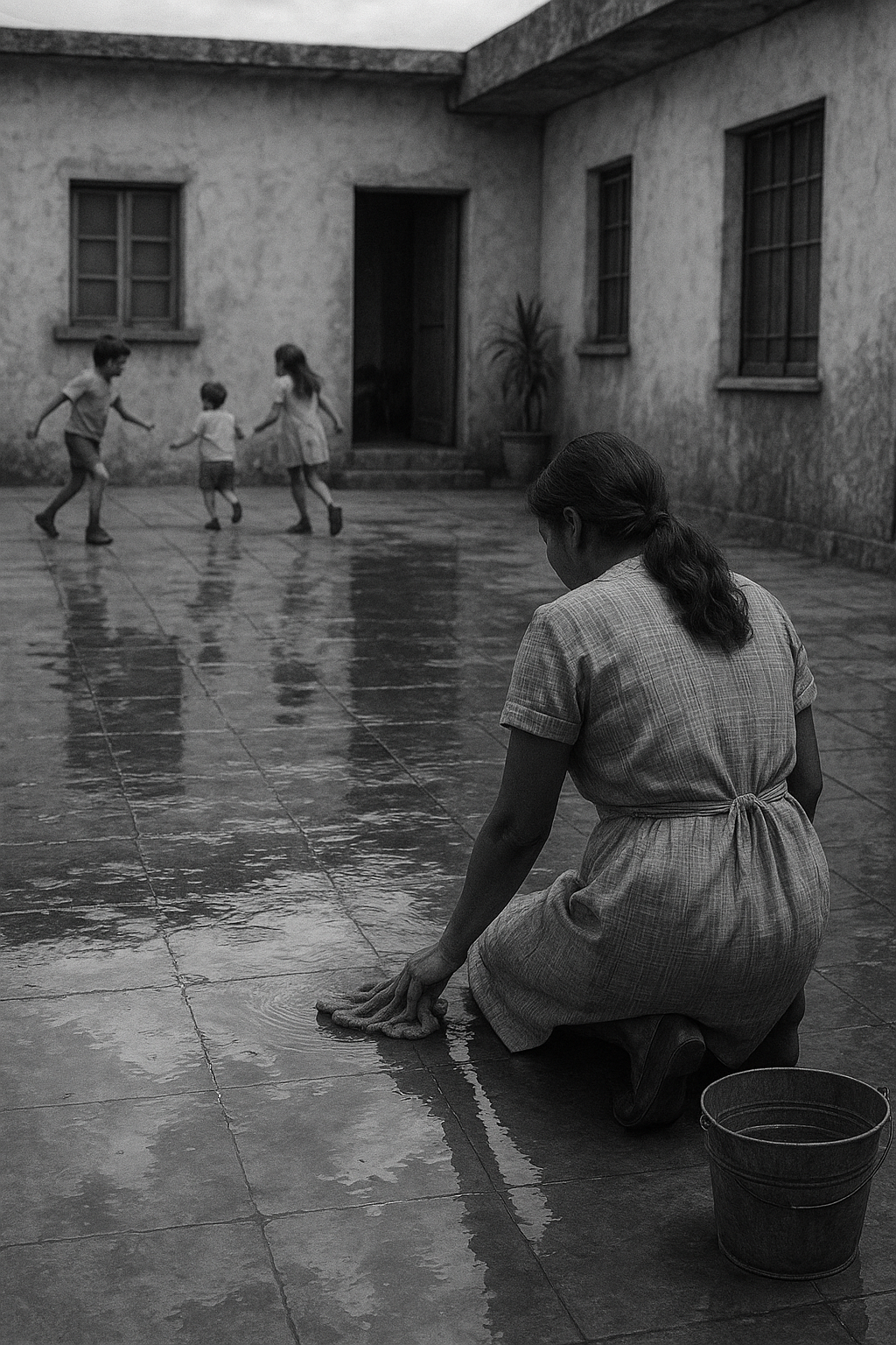 1970년대 멕시코 가정집 앞마당. 바닥에 물이 고여 있고, 청소 중인 젊은 여성(가사노동자)이 조용히 바닥을 닦고 있는 모습