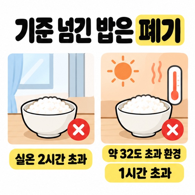 실온 2시간 초과와 약 32도 초과 환경에서 1시간 초과한 밥공기에 각각 X 표시를 붙여 폐기 기준을 비교한 그림