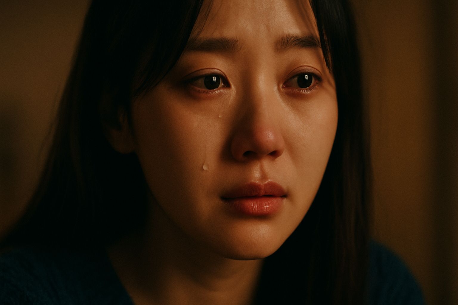 눈물이 맺힌 여성의 얼굴 클로즈업