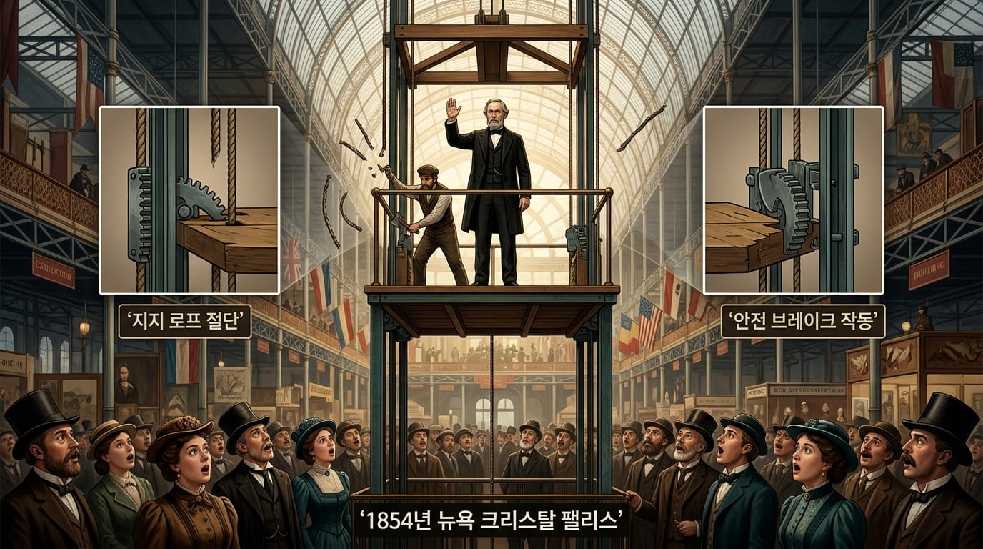 1854년 오티스의 엘리베이터 안전 브레이크 시연 이미지
