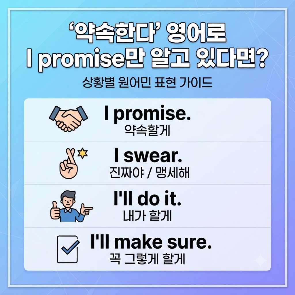 &lsquo;약속한다&rsquo; 영어 표현인 I promise, I swear, I'll do it, I'll make sure의 상황별 원어민 표현 가이드를 정리한 썸네일 이미지
