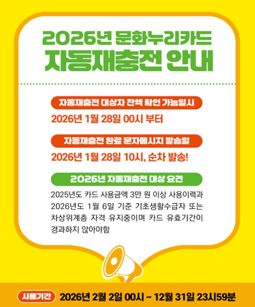 2026 문화누리카드 자동재충전 안내 및 충전일 정보 바로가기
