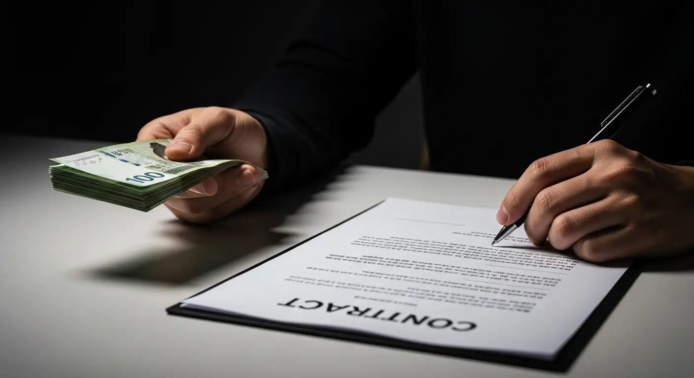 작은 현금 뭉치를 받는 대가로, 크고 부담스러워 보이는 계약서에 서명하는 모습 (대출의 위험성)