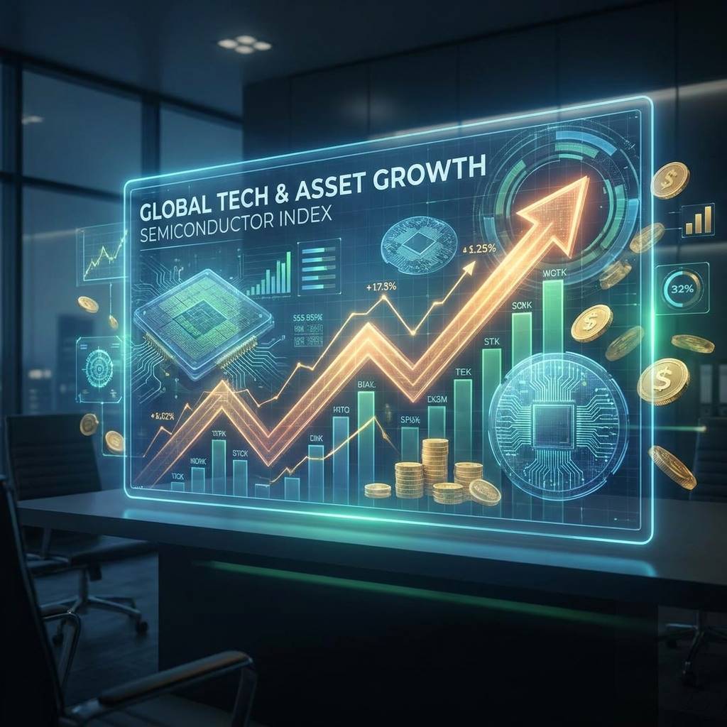 반도체 웨이퍼와 금색 화폐 단위가 섞여 있는 세련된 금융 차트 배경