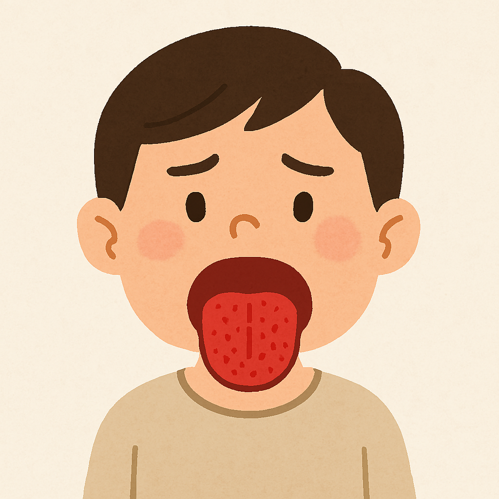 아이가 혀바닥을 내밀고 있고 혀바닥에는 반점이생겨 딸기처럼 보임