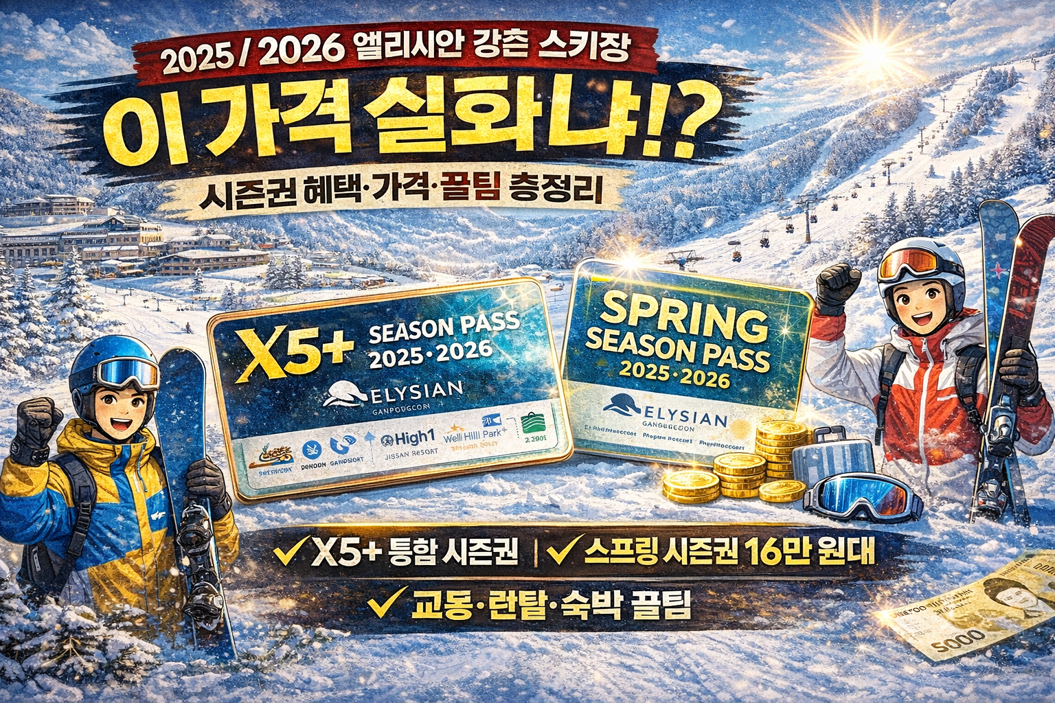 2025/2026 엘리시안 강촌 스키장 시즌권 이 가격 실화냐? X5+·스프링 시즌권 총정리