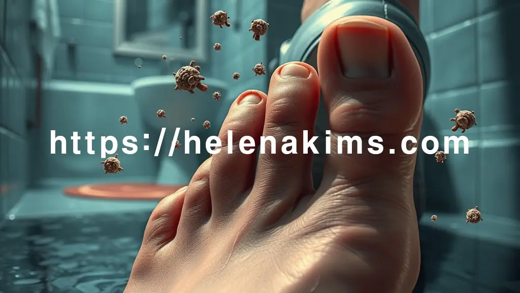 어둡고 습한 환경에서 발톱 표면에 무좀균(Fungi)이 침투하고, 곰팡이 포자가 발톱 주변으로 확산되는 이미지.