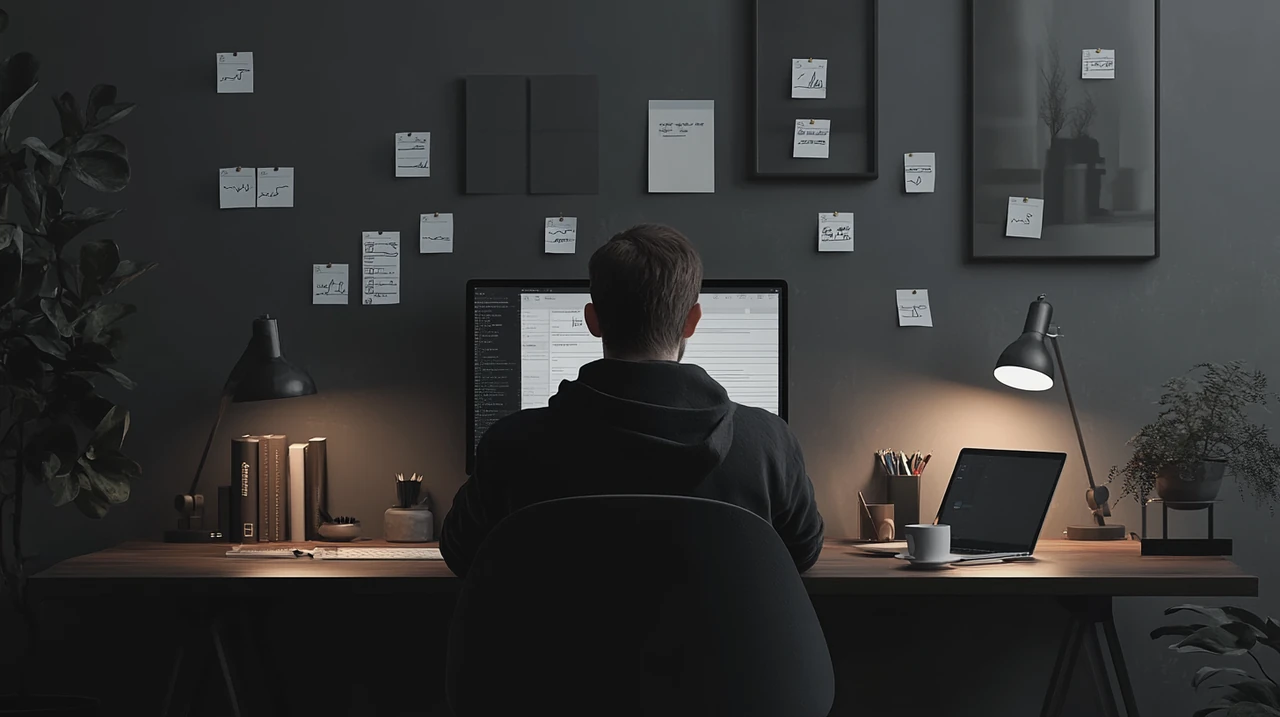 FIRE족 전략 체크리스트와 미국 월배당 ETF 종목 티커가 적힌 포스트잇을 점검하는 투자자, 월배당 ETF 추천, 실천가능한 포트폴리오, 재무 독립, 실질적 투자 방법, 계획적 실행의 중요성 강조