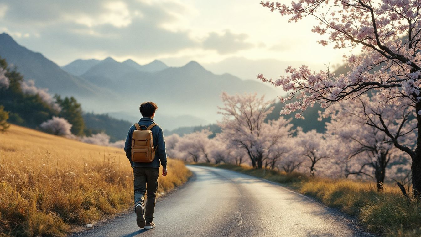 벚꽃이 만개한 봄날, 한국인 남성 혼자 배낭을 메고 산길을 걷는 감성적인 여행 장면