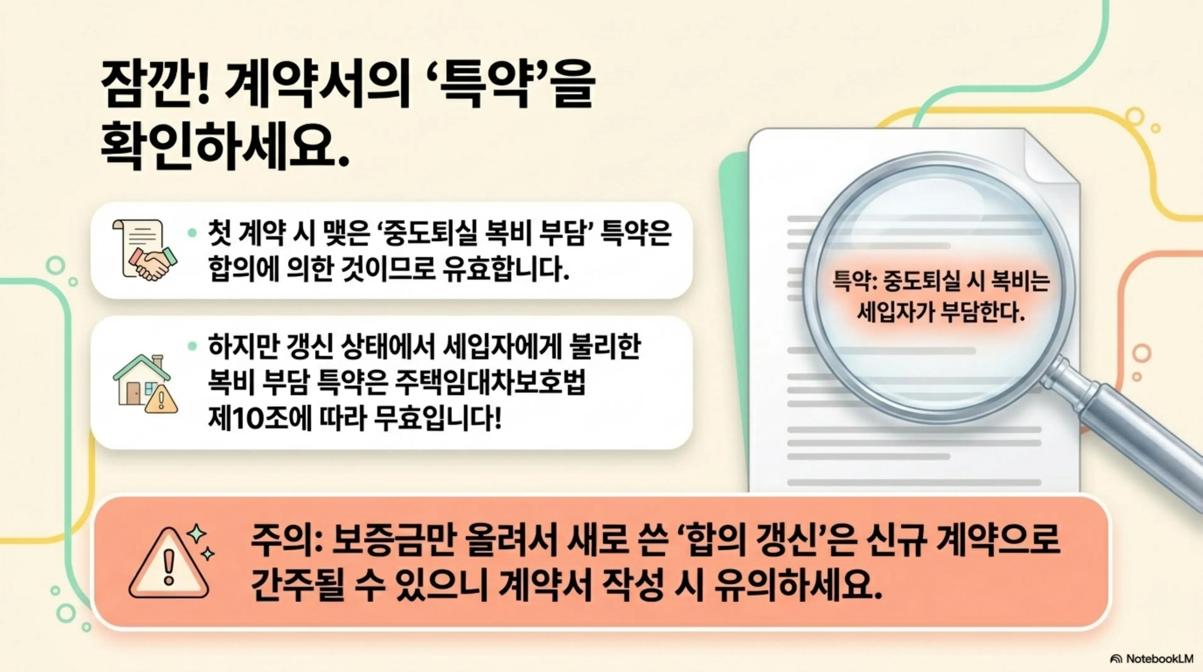 계약서의 특약을 반드시 확인해야 한다는 내용을 전달하는 인포그래픽 이미지. 첫 계약 시 맺은 중도퇴실 복비 부담 특약은 합의에 의한 것으로 유효하지만 갱신 상태에서 세입자에게 불리한 복비 부담 특약은 주택임대차보호법 제10조에 따라 무효라는 점과 보증금만 올려서 새로 쓴 합의 갱신이 신규 계약으로 간주될 수 있다는 주의사항을 설명함