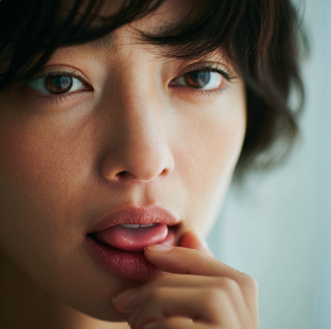 혀가 안좋아 거울을 들여다보는 여자