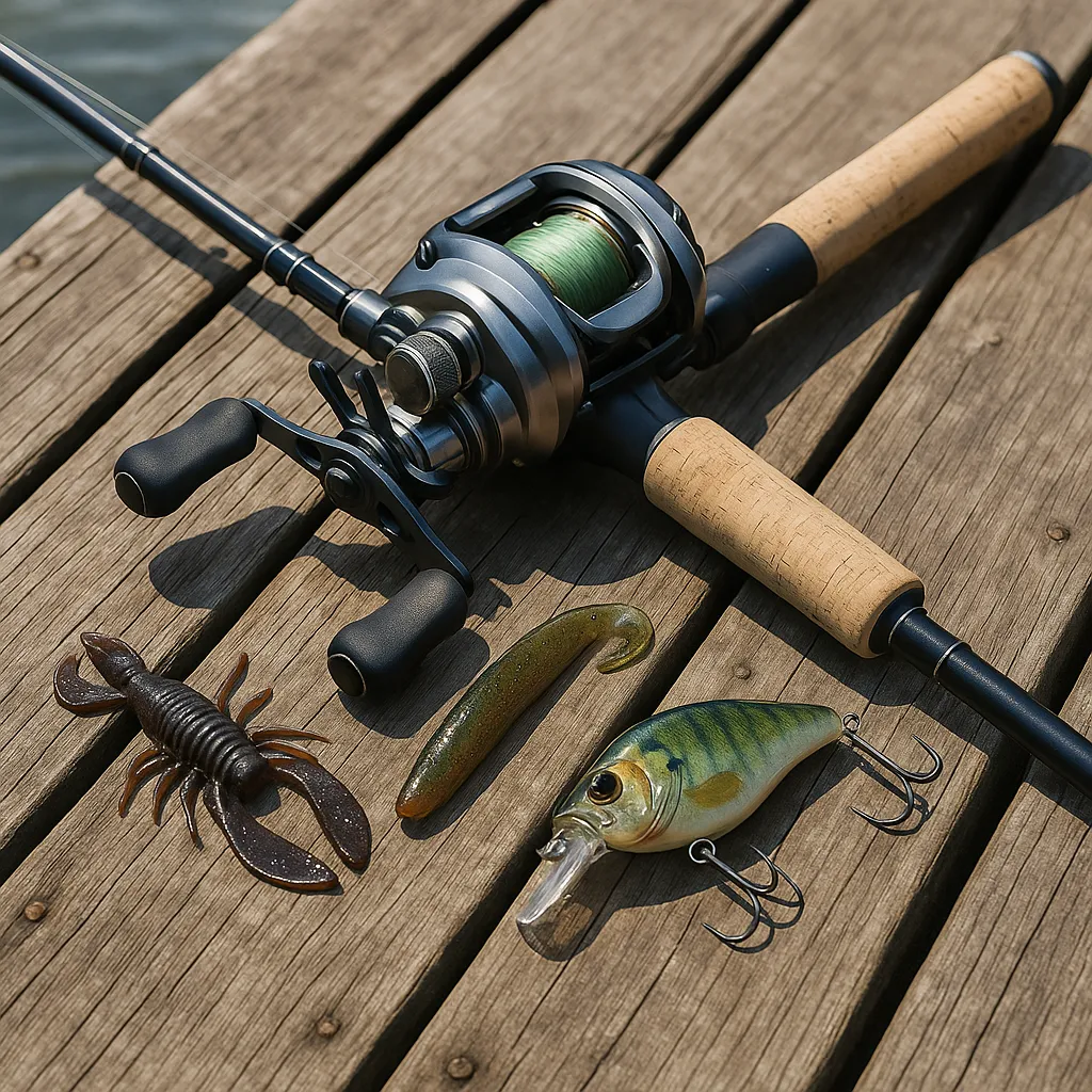 선착장 위에 배치된 기본 배스 낚시 장비
