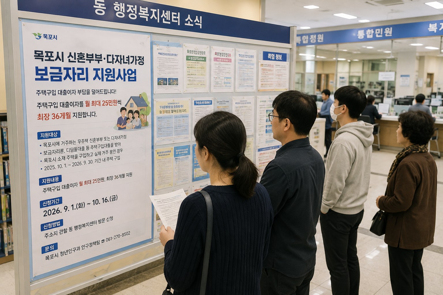 목포 행정복지센터에서 주민들이 신혼부부·다자녀가정 보금자리 지원사업 안내문을 확인하는 모습