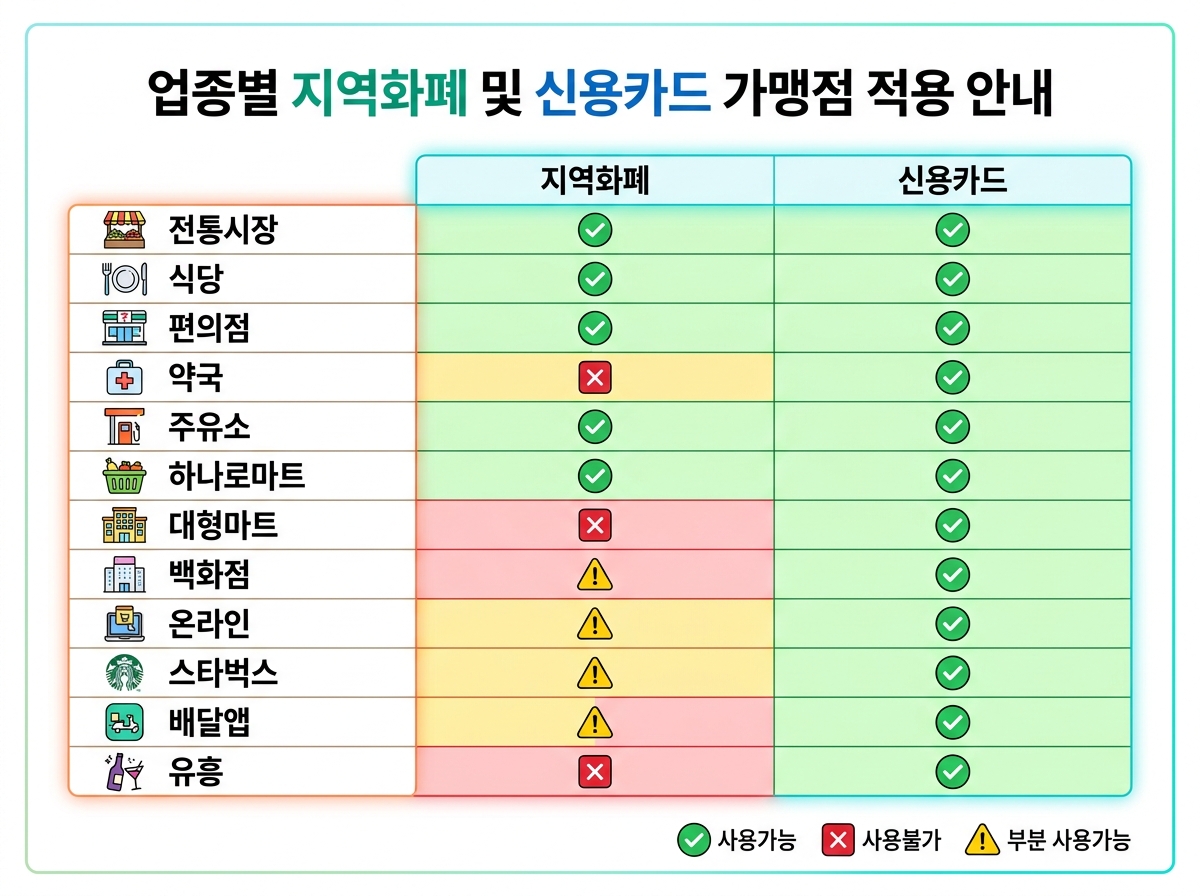 지역사랑상품권 vs 신용카드 사용처 차이 업종별 가맹점 커버리지 매트릭스