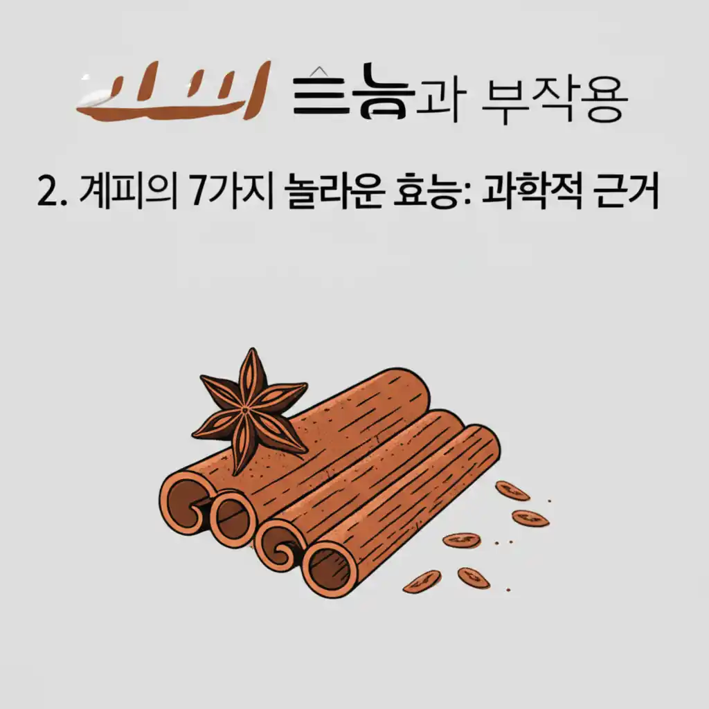 계피 효능의 과학적 근거를 보여주는 연구 보고서와 계피 스틱 이미지.