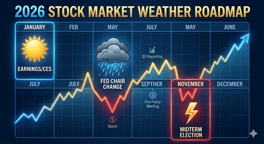 2026년 달력 위에 1월(CES/실적), 5월(의장 교체), 11월(중간선거) 날짜가 붉은색으로 강조되어 있고, 각 시기별 날씨(맑음/흐림/번개) 아이콘이 그려진 로드맵 인포그래픽