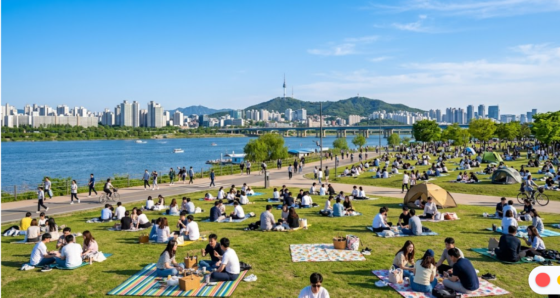 한강 잔디밭에서 여유로운 시간을 보내는 사람들