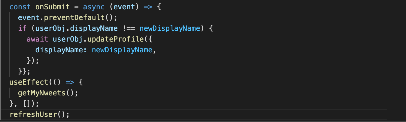 This is a picture of the code at the bottom of the picture, where refreshUser() is executed and the state is changed via setUserObj(...), resulting in an infinite loop.