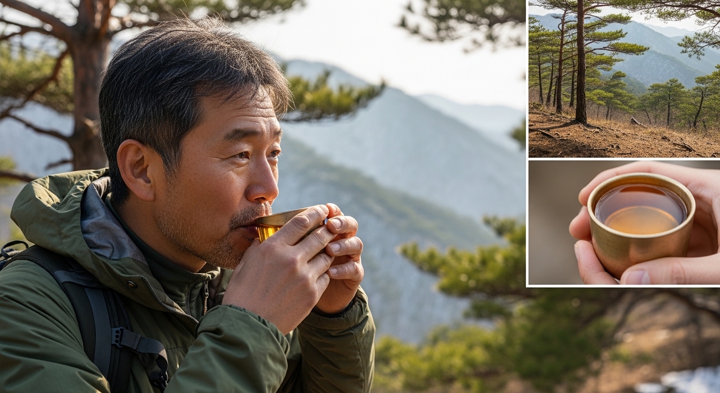 등산복을-입은-한국인-중년-남성이-산속에서-고로쇠-수액을-컵에-따라-마시는-장면