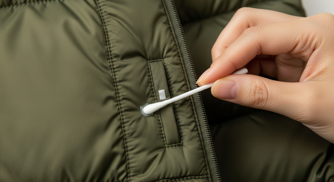 소독용 알코올을 살짝 묻혀 패딩 안감에 조심스럽게 테스트 하는 모습
