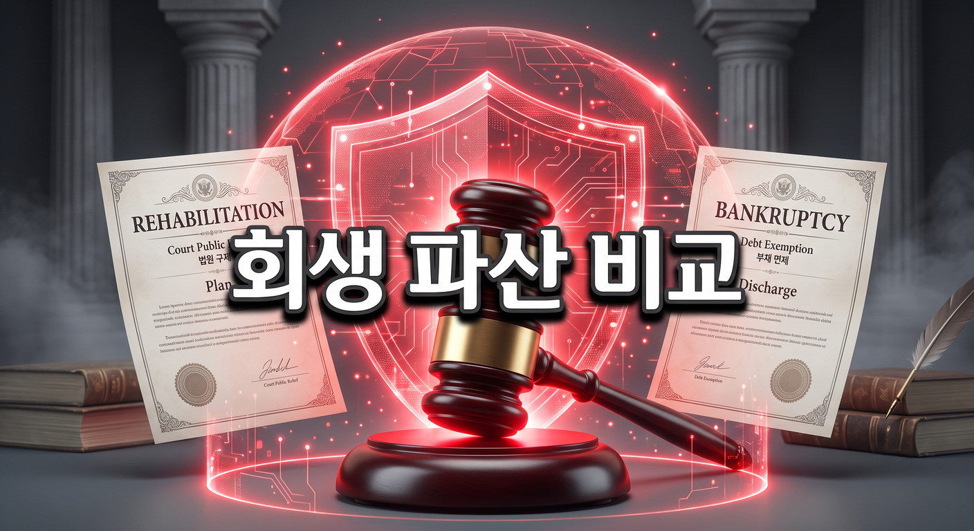 붉은색으로 빛나는 법봉이 '회생'과 '파산'이라고 적힌 두 공식 문서 사이에 놓여 있고, 법원의 공적 구제와 면책을 상징하는 붉은색 디지털 방패가 이들을 둘러싸고 있는 3D 일러스트 배경에, 짙은 그림자와 외곽선으로 선명하게 강조된 '회생 파산 비교'라는 한글 문구가 중앙에 적힌 이미지