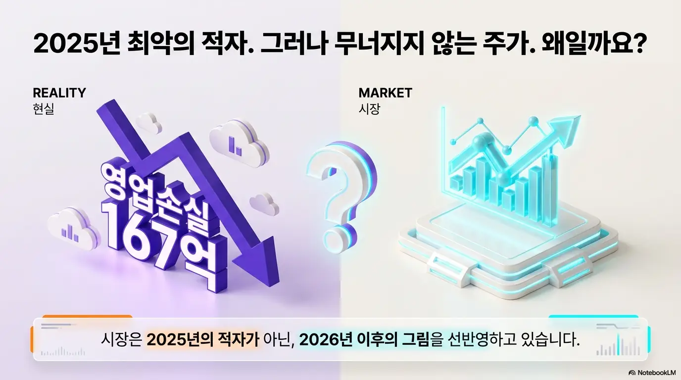 가온칩스 주가 전망: 2025년 영업손실 167억의 현실과 우상향 그래프로 표현된 시장의 기대를 좌우로 대비한 가온칩스 주가 인포그래픽. 시장이 2025년 적자가 아니라 2026년 이후 흑자전환 그림을 선반영하고 있다는 점을 시각적으로 전달하며&amp;#44; 가온칩스 주가 전망 분석 주제를 설명함.