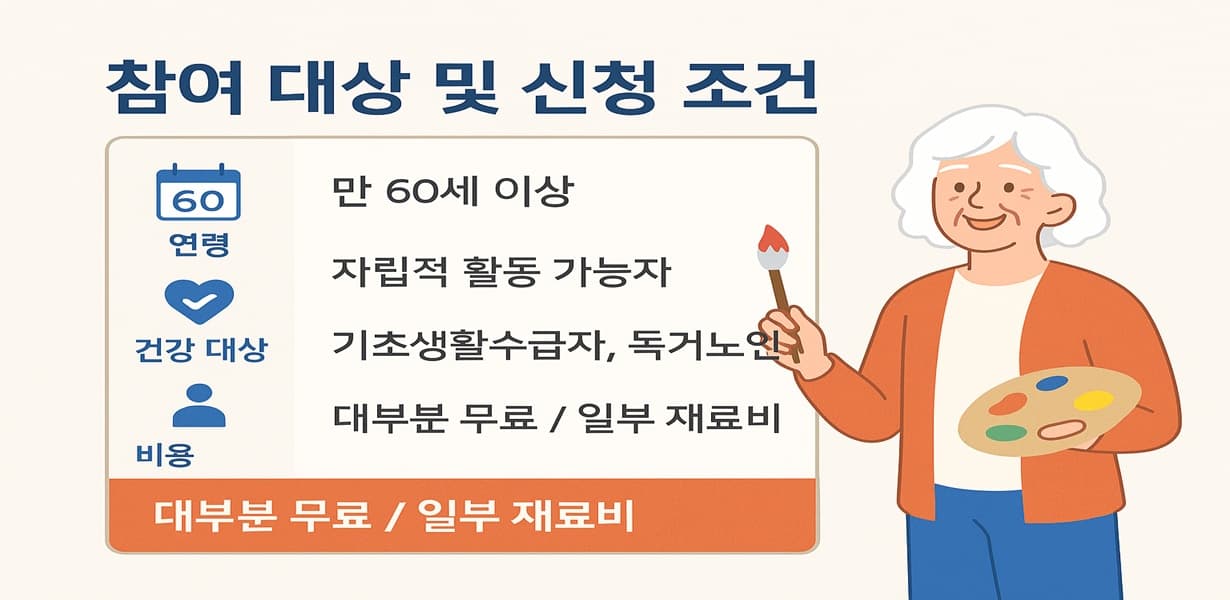 2025년 노인 문화예술 프로그램 참여 대상 및 신청 조건 안내 인포그래픽. 만 60세 이상, 자립적 활동 가능, 기초생활수급자 우선, 대부분 무료 등 핵심 항목이 포함됨.