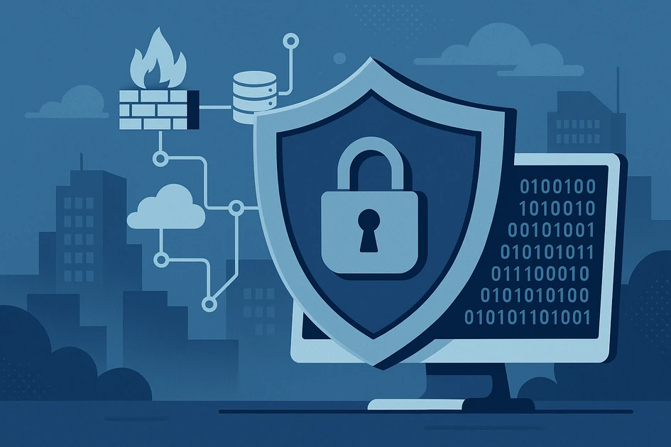 기업 정보보안 솔루션을 상징하는 방패 아이콘과 보안 시스템 구성 요소를 표현한 디지털 사이버 보안 일러스트