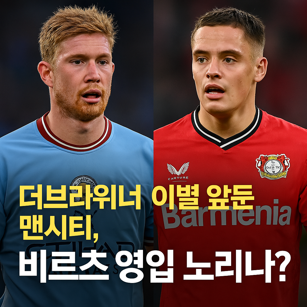 "더브라위너 이별 가능성 보도와 함께 플로리안 비르츠 영입설이 제기된 맨체스터 시티 관련 썸네일 이미지 &ndash; 맨시티와 레버쿠젠 선수 모습 포함"