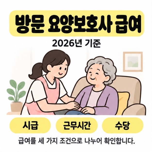 방문 요양보호사 급여와 2026년 기준이라는 제목 아래 어르신을 돕는 요양보호사 그림을 배치하고 시급, 근무시간, 수당을 확인하라고 안내한 썸네일