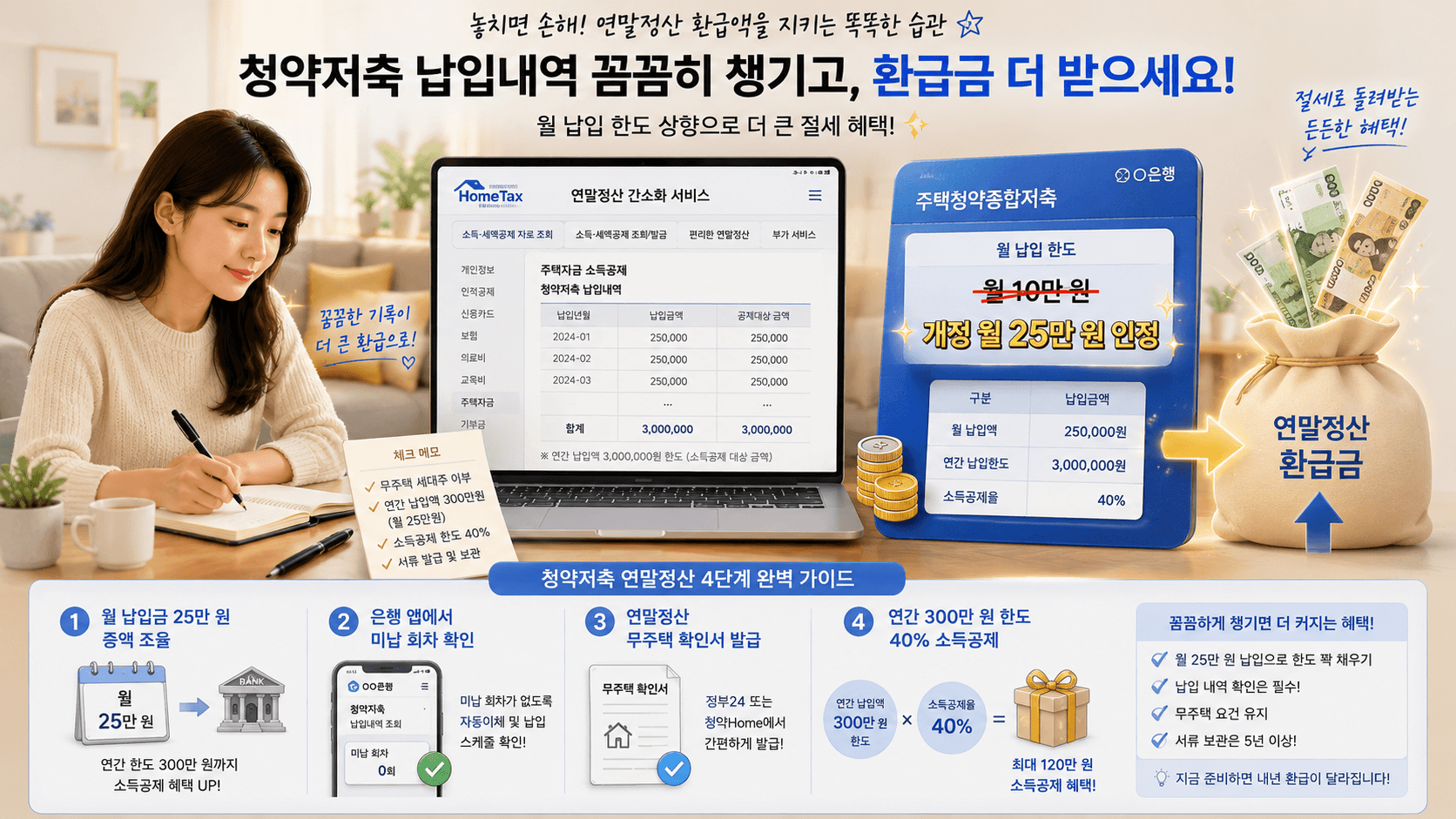 홈택스 연말정산 화면을 보며 청약저축 통장의 납입 내역을 꼼꼼하게 메모하는 지혜로운 가사 자산 관리 모습