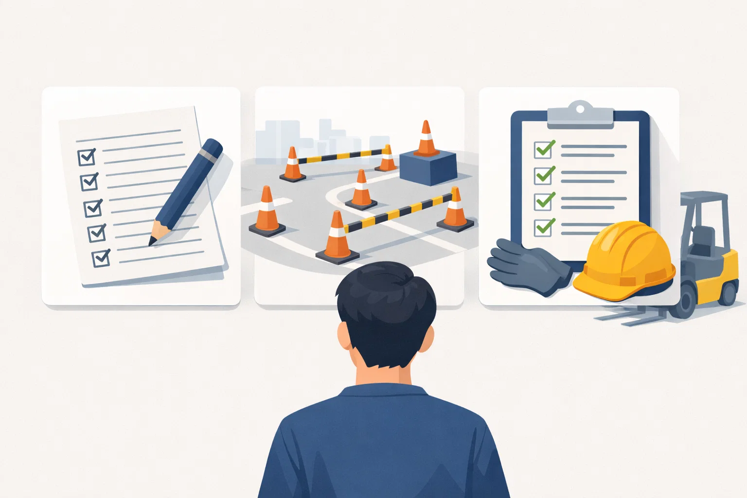 지게차 운전기능사 자격증을 준비할 때 시험 준비와 실무 운전 조건이 어떻게 나뉘는지 핵심 차이를 이해하도록 정리한 이미지