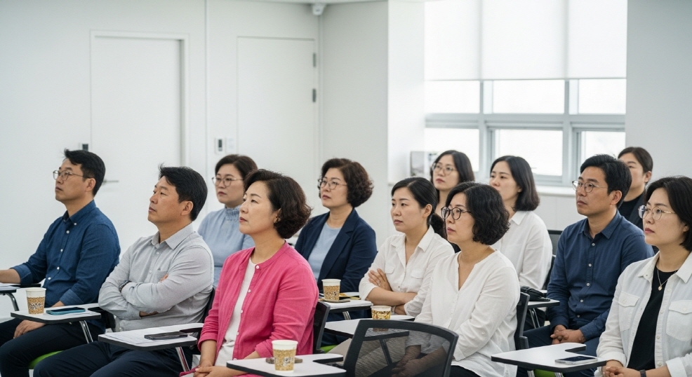 교육장에서 복지 강의 듣는 사람들