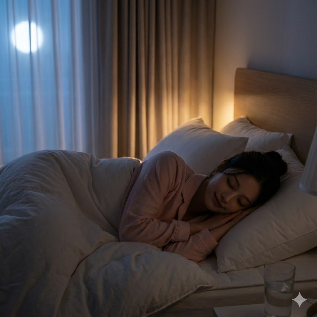 저녁에 숙면을 취하고 있는 여성 사진