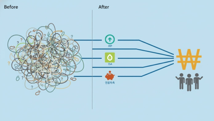 복잡한 절세 구조가 IRP, ISA, 연금저축 세 가지 계좌로 명확하게 정리되는 과정을 보여주는 인포그래픽