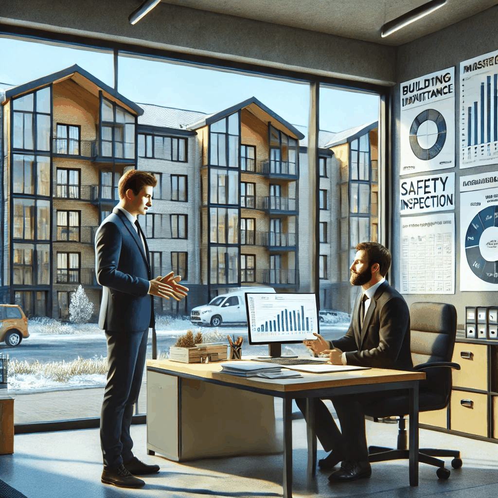 아파트 관리사무소에서 관리소장이 입주민과 주택 관리 계획을 논의하는 장면