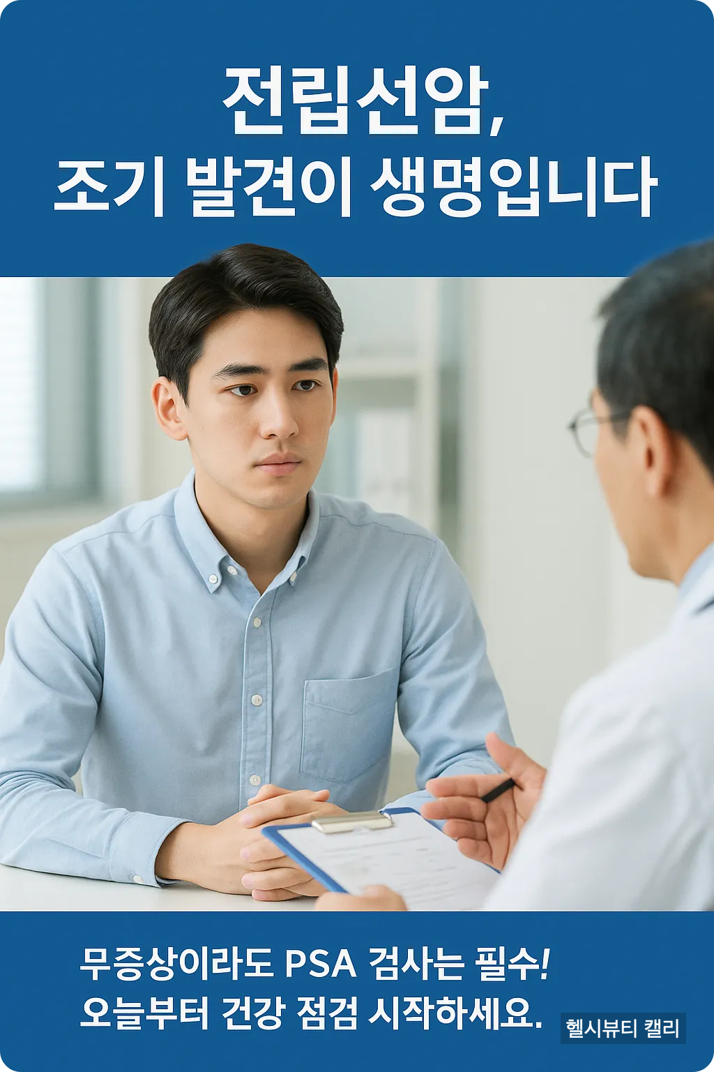 전립선암 조기 발견 강조 - 남성이 진지하게 상담받는 장면