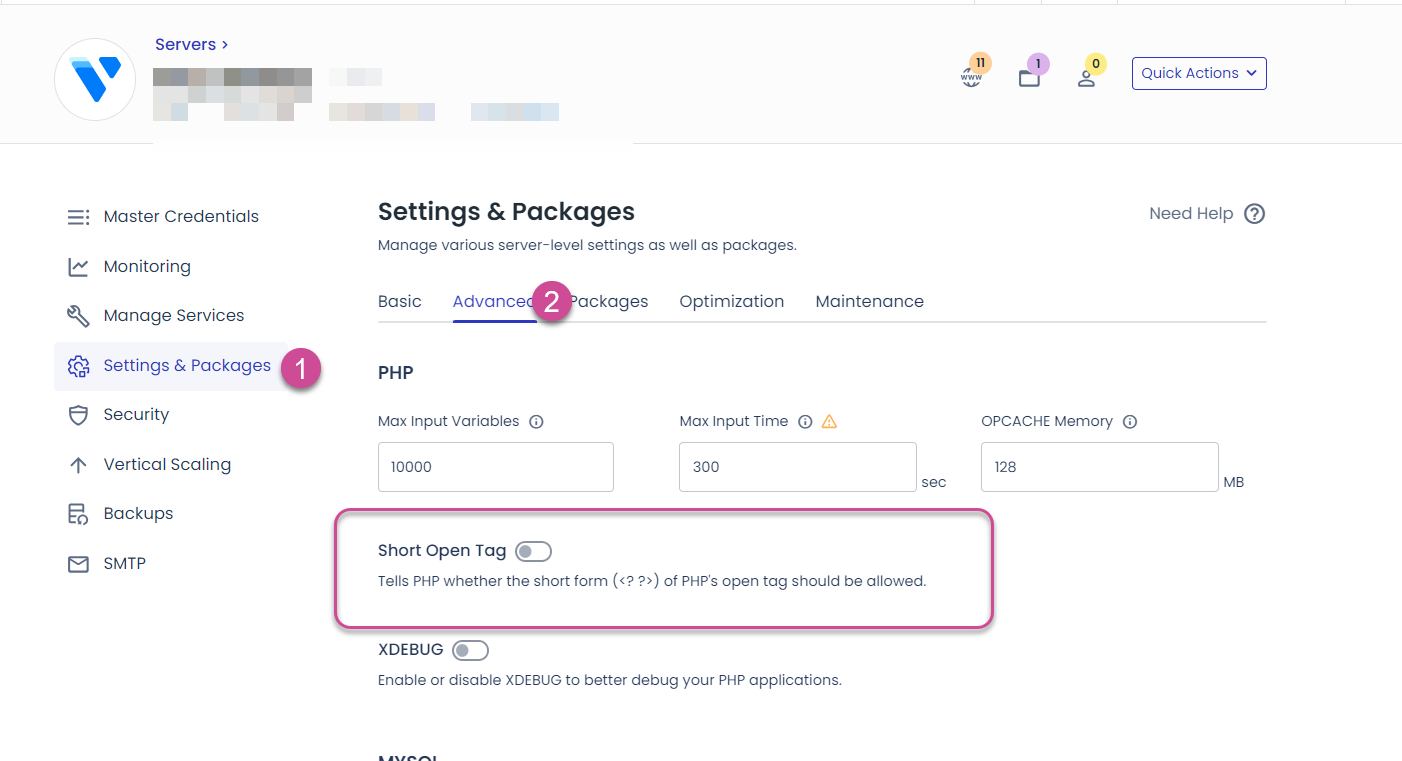 클라우드웨이즈(Cloudways): PHP 짧은 태그 활성화하기
