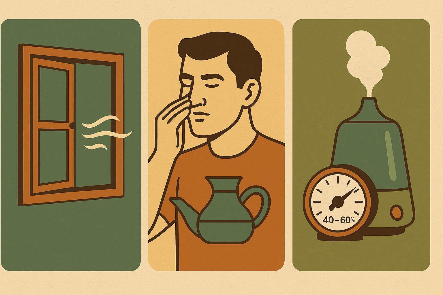빈티지 모던 스타일의 인포그래픽. 왼쪽에는 열려 있는 나무 창문과 바람 아이콘, 중앙에는 코세척 용기와 코를 만지는 남성, 오른쪽에는 가습기와 40~60%를 표시한 습도계가 따뜻한 올드 톤 색감으로 표현된 장면