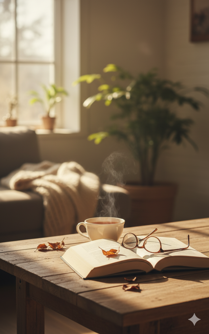 따뜻한 햇살 아래 놓인 책과 차 한 잔
