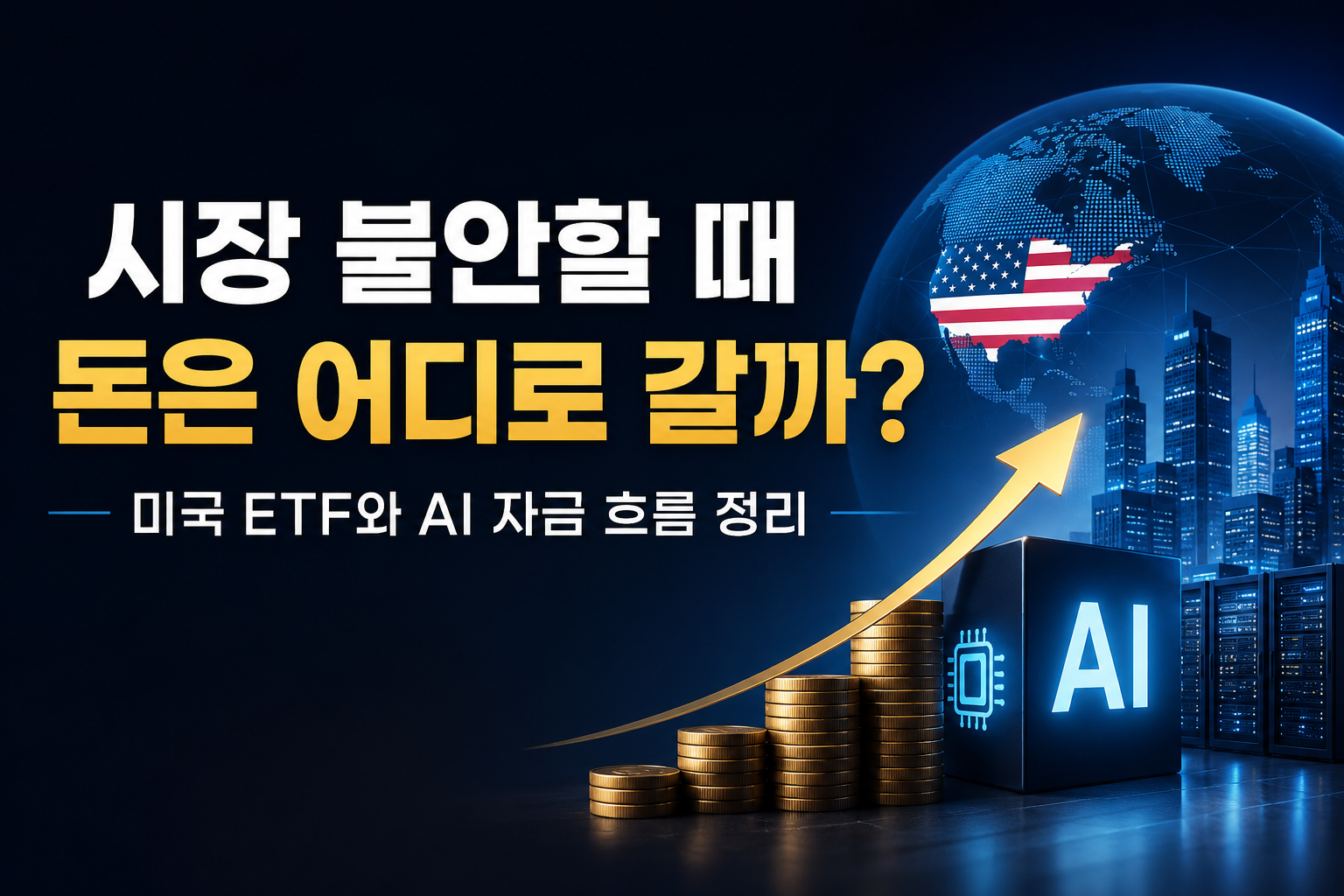 시장 불안 시 자금 이동 흐름과 미국 ETF, AI 투자 트렌드를 설명하는 대표 썸네일.
미국 금리 불확실성과 AI 인프라 투자 흐름을 시각화한 이미지