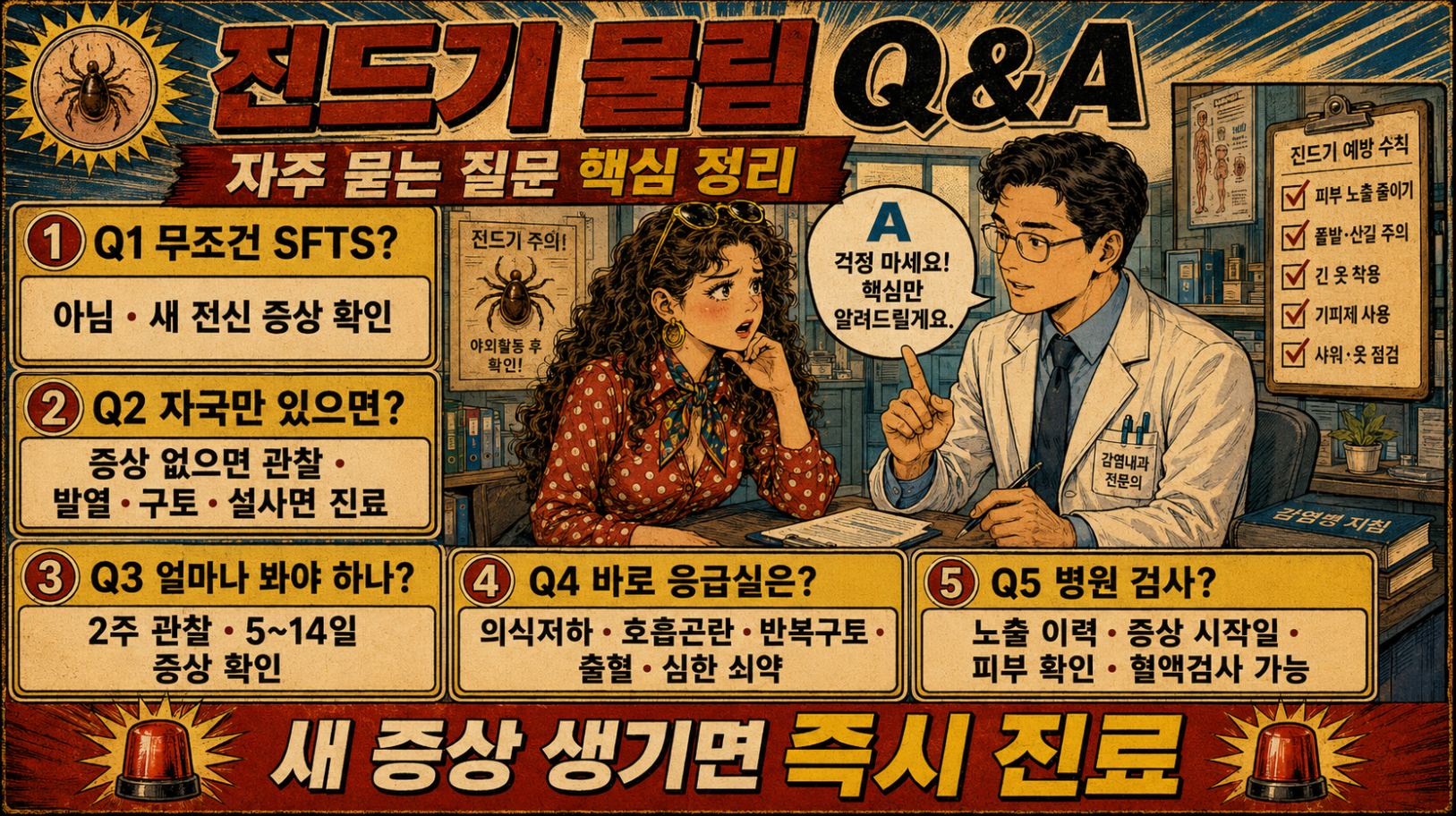7. 진드기 물림과 SFTS 관련 자주 묻는 질문을 전문의 상담 형식으로 정리한 옛날 만화 스타일 Q&A 인포그래픽
